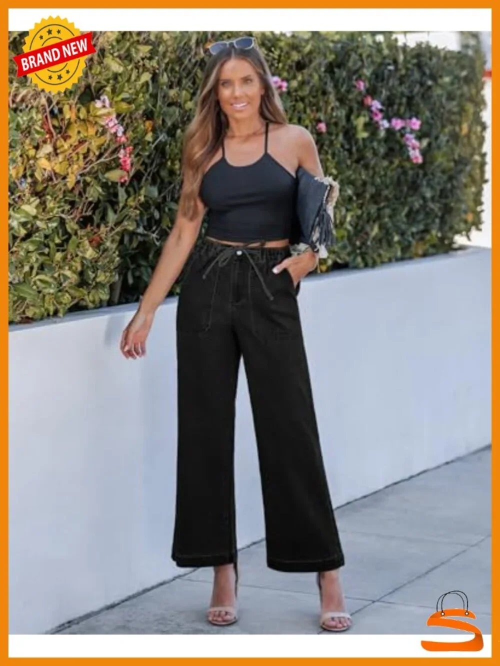 Wide Leg Drawstring Tie Elastic Waist Stretchy Denim High Waisted Jeans Trouser